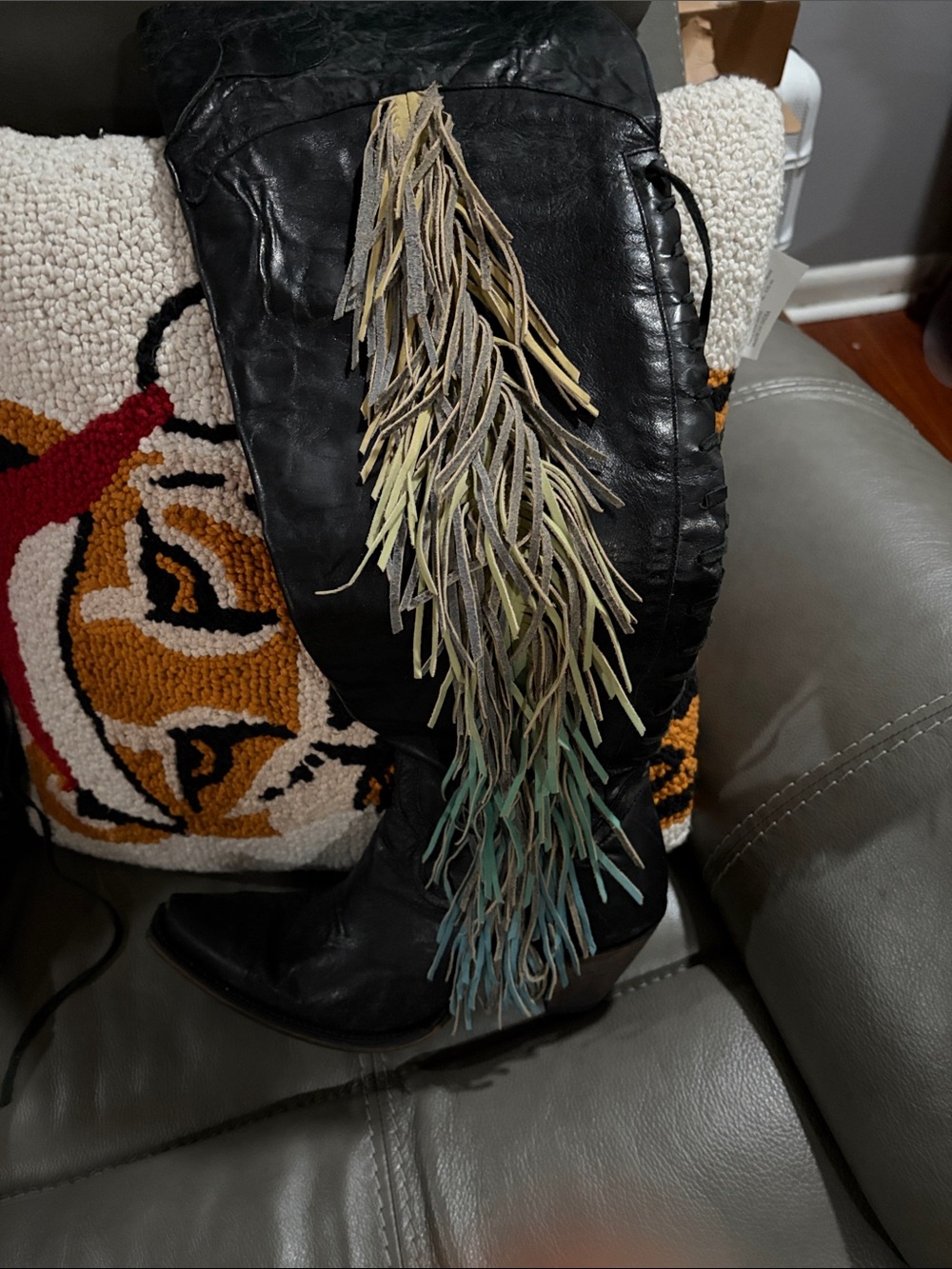 Black Over-the-Knee Leather Boots with Multicolor Fringe